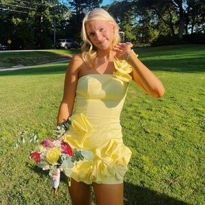 Yellow Strapless Homecoming Dress with Floral Detail